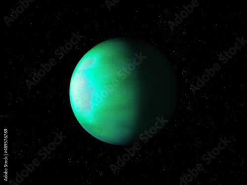 Earth-like planet in outer space. Exoplanet in the Milky Way galaxy. The thick atmosphere of an alien green planet. 