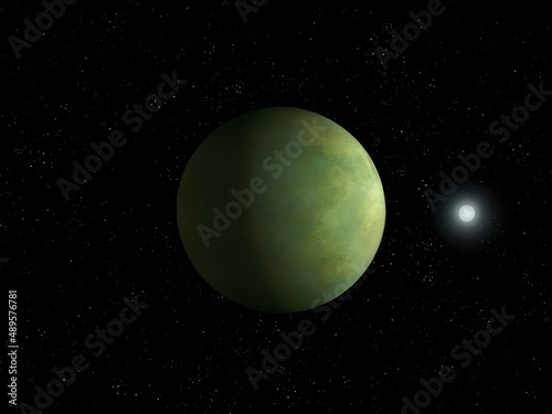 Earth-like planet in outer space. Exoplanet in the Milky Way galaxy. An alien planet near a sun-like star.  © Nazarii