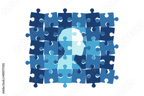 Mental illness and disorder concept. Head profile man from puzzle pieces . Vector illustration. Flat.