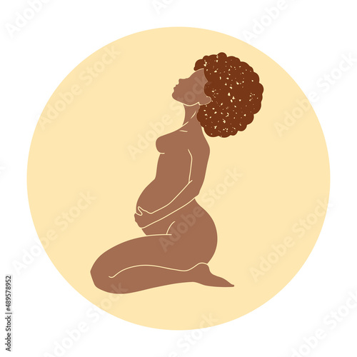 Pregnant black woman sitting down holding her belly. Pregnancy icon image in minimalisic style. Vector illustration