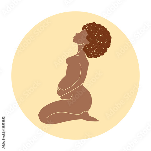 Pregnant black woman sitting down holding her belly. Pregnancy icon image in minimalisic style. Vector illustration