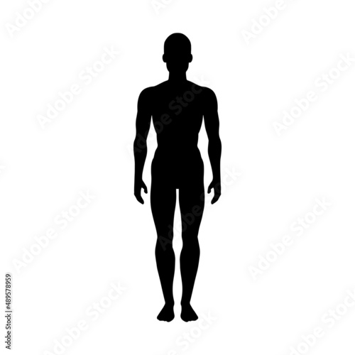 Man figure standing, black silhouette, front view of male body. Vector illustration