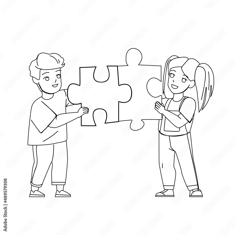 Boy And Girl Kids Playing Puzzle Together Black Line Pencil Drawing ...
