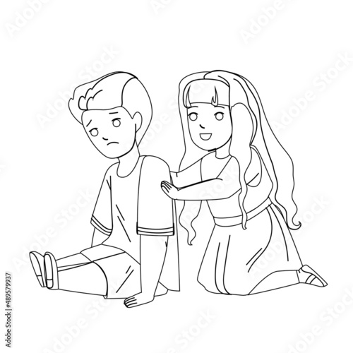 Kids Empathy Upset Friend In Kindergarten Black Line Pencil Drawing Vector. Girl Consoling And Encouraging Upset Boy. Characters Preschool Children Supporting And Comforting, Relationship Illustration