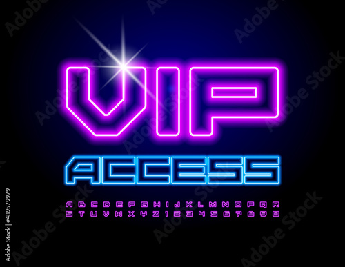 Vector electric emblem Vip Access. Purple Neon Font. Glowing Led Alphabet Letters and Numbers set