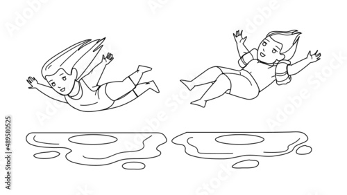 Boy And Girl Children Jumping Into Water Black Line Pencil Drawing Vector. Preteen Schoolboy And Schoolgirl Kids Jump Into Swimming Pool Water. Characters Funny Playful Time On Vacation Illustration
