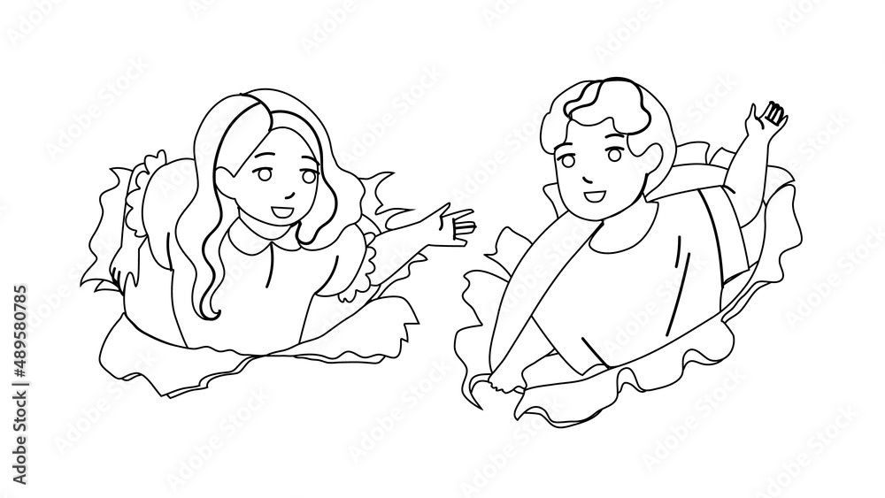 Children Looking Through Torn Paper Hole Black Line Pencil Drawing Vector. Cheerful Boy And Girl Kids Look From Paper Hole Together. Characters Celebration Surprise Party, Funny Leisure Time Children Looking Through Torn Paper Hole Black Line Pencil Drawing Vector. Cheerful Boy And Girl Kids Look From Paper Hole Together. Characters Celebration Surprise Party, Funny Leisure Time