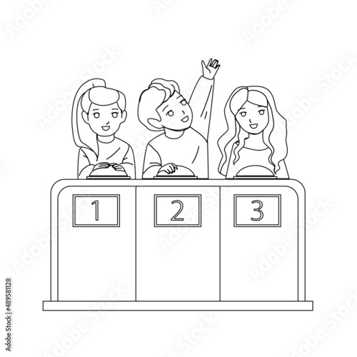 Kids Quiz Playing Intelligent Boy And Girl Black Line Pencil Drawing Vector. Happy Preteen Schoolboy And Schoolgirl Play Kids Quiz Together. Characters Children Smart Education Game Illustration