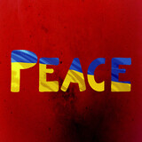 Żółto niebieski napis peace pokój na czerwonym tle
