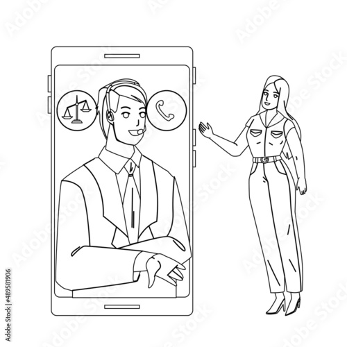 Legal Advice Online Consultation Service Black Line Pencil Drawing Vector. Man Lawyer Consultant Legal Advice On Smartphone Call Helping Young Woman Victim. Characters Consulting Law Support