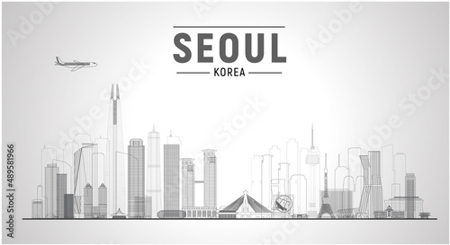 Seoul (Korea) city skyline vector lines illustration. Flat vector illustration. Business travel and tourism concept with modern buildings. Image for banner or website.