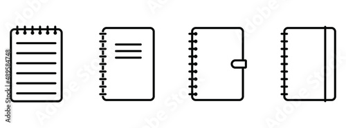 Note book linear icons. Note book outline icon. Set of notepad symbols. Vector illustration. Web design element.
