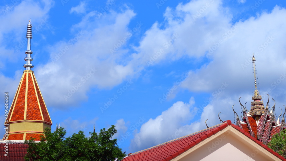 the roof of the temple on the sky background