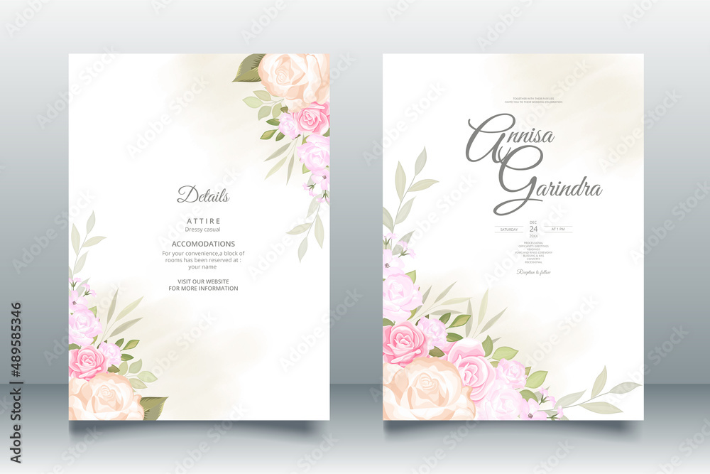 Wedding invitation card template set with beautiful floral leaves Premium Vector	
