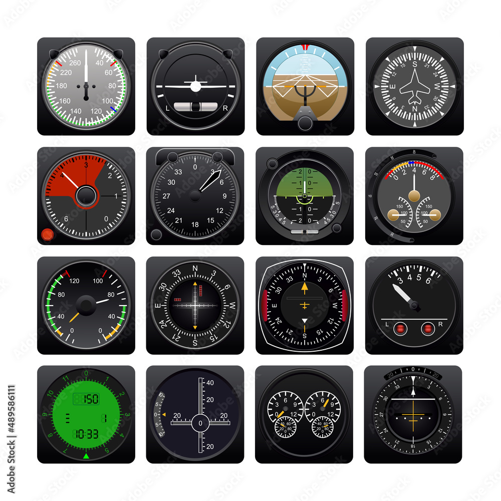Aircraft indicators collection in detailed realistic style. - obrazy, fototapety, plakaty 