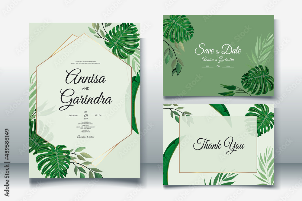 Elegant Wedding Invitation Card Template With Beautiful tropical Leaves premium vektor	
