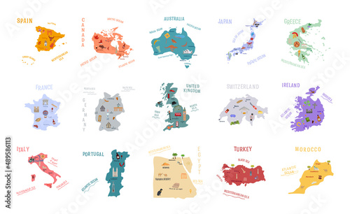 Collection of maps of countries with main attractions in flat style.