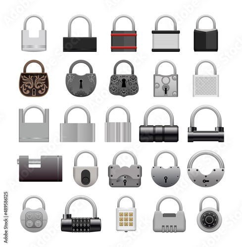 Collection of different door locks in detailed realistic style.