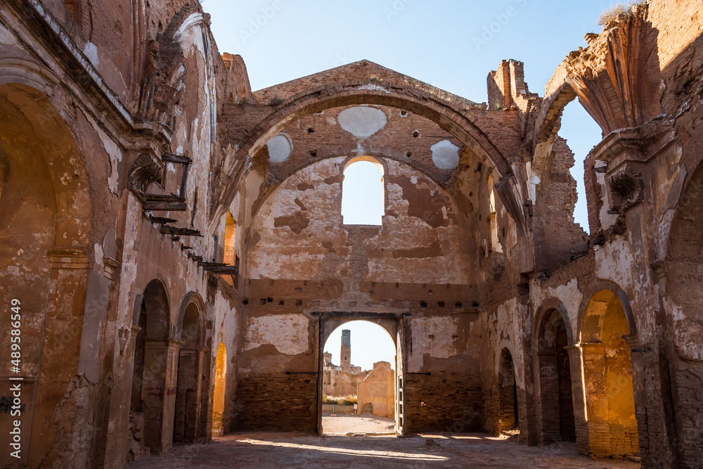 Naklejka premium Historic Church Ruins in Ghost Town Of Belchite Ruined In Battle During Spanish Civil War - wide shot