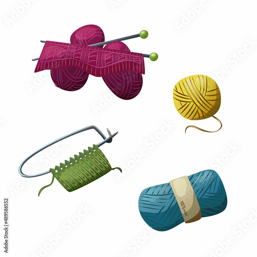 Knitting set. Isolated vector elements: yarn balls, knitting needles, samples. Vector knitting collection.