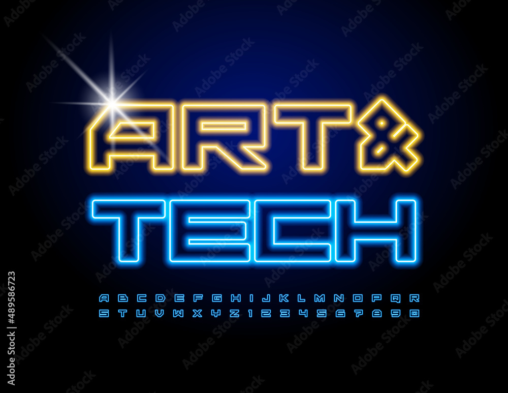 Vector trendy Sign Art and Tech. Bright Neon Font. Glowing Alphabet Letters and Numbers Vector trendy Sign Art and Tech. Bright Neon Font. Glowing Alphabet Letters and Numbers