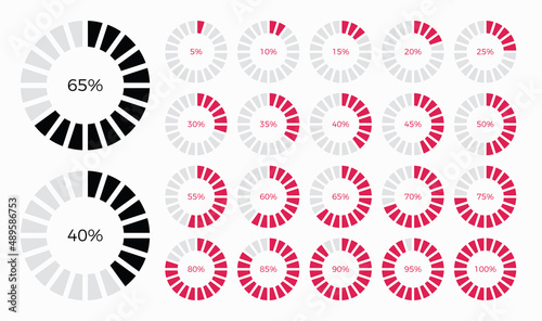 Set of trendy circle info graphic pie chart diagrams design elements with percentages. Dashboard elements, percentage meter, business info graphic design.