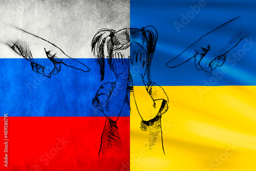 Заголовок: russia ukraine war, flag, confrontation between russia and ukraine, war of flags russia ukraine, girl crying, social problem 2022