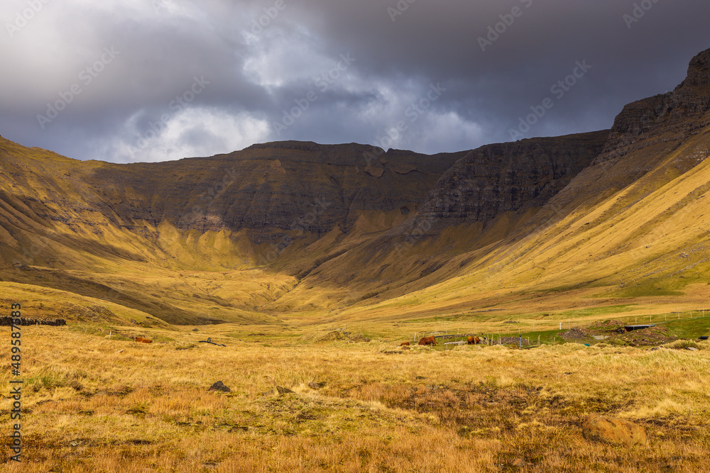 Mountain landscape on the island of Vagar, Faroe Islands.