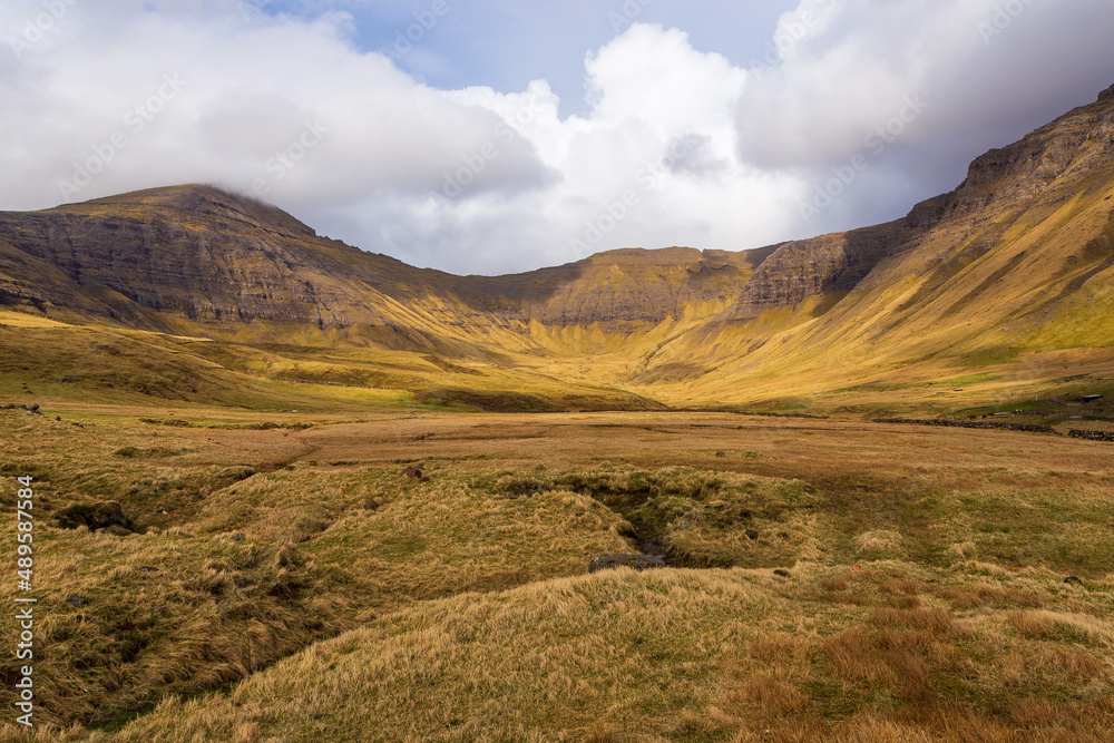 Mountain landscape on the island of Vagar, Faroe Islands.