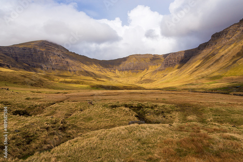 Mountain landscape on the island of Vagar, Faroe Islands.