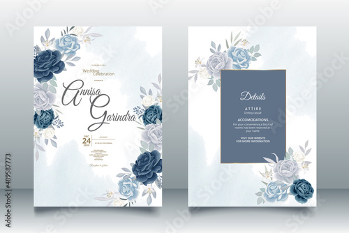 Fototapeta Romantic Wedding invitation card template set with navy blue floral leaves
