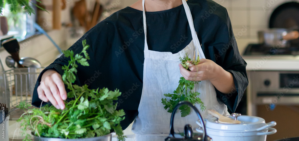 キッチンでハーブを手にするエプロン姿の女性 料理風景 Stock 写真 Adobe Stock キッチンでハーブを手にするエプロン姿の女性 料理風景 Stock 写真 Adobe Stock