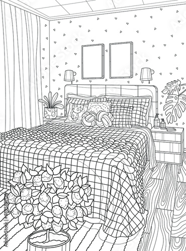 Bedroom interior with a large bed.Coloring book for adults. The interior of the room. Black and white illustration.