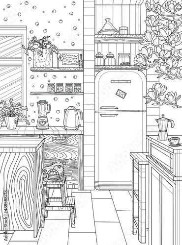 Kitchen interior with refrigerator, kettle, blender. Coloring book for adults. The interior of the room. Black and white illustration.