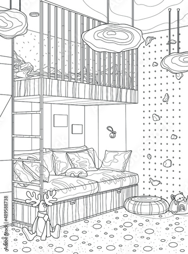 Children's room interior. Coloring book for adults. The interior of the room. Black and white illustration.