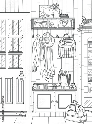 Corridor interior.Coloring book for adults. The interior of the room. Black and white illustration.