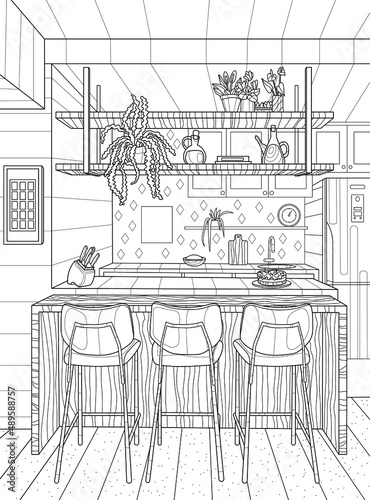 Kitchen interior with bar stools. Coloring book for adults. The interior of the room. Black and white illustration.