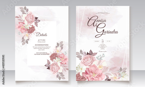 Brown wedding invitation template set with floral frame Premium Vector	
