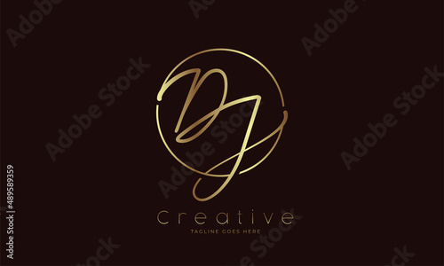 Initial DJ Logo, handwritten letter DJ in circle with gold colour, usable for Brand, personal and company logos, vector illustration
