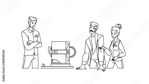 Engineers Working And Create Equipment Black Line Pencil Drawing Vector. Men And Woman Engineers Working Together And Discussing About Development Modern Device. Characters Occupation Illustration