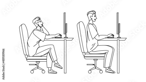 In Ergonomic Posture Sit Man At Computer Black Line Pencil Drawing Vector. Worker Guy Sitting In Ergonomic Posture At Screen Workplace. Character In Correct Pose Working At Workspace Illustration