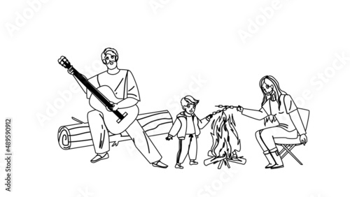 Family Picnic Enjoying Together Outdoor Black Line Pencil Drawing Vector. Father Playing On Guitar, Mother And Son Child Frying Marshmallow On Camp Fire, Family Picnic In Nature. Characters