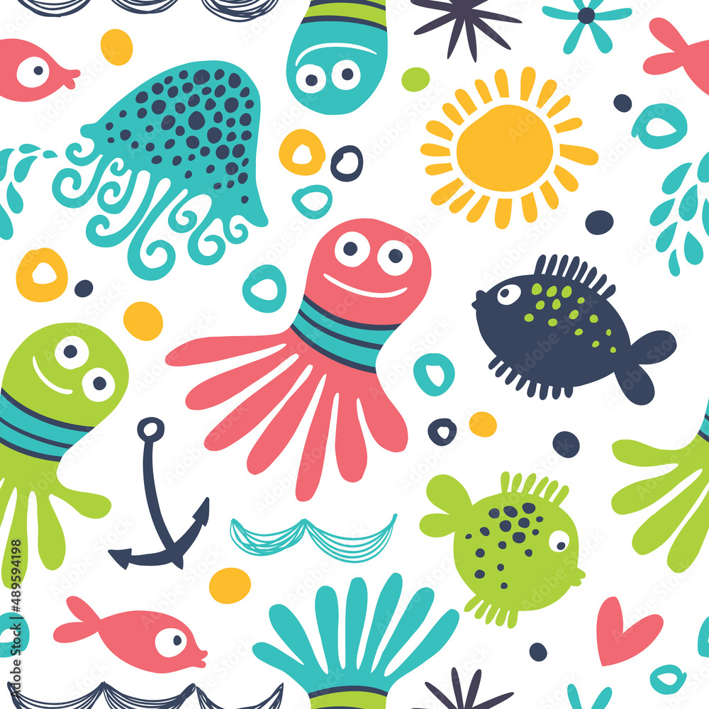 Seamless background with funny cartoon octopuses and fish. Seamless background with funny cartoon octopuses and fish.