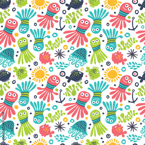 Seamless background with funny cartoon octopuses and fish.