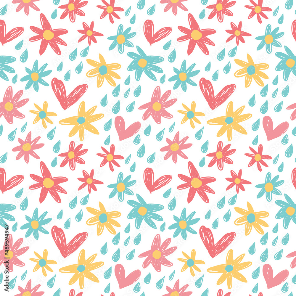 Seamless pattern with flowers, hearts and drops. Seamless pattern with flowers, hearts and drops.