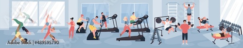 Vector flat cartoon characters enjoy various sport activities at fitness gym interior,they doing yoga,cardio workout,weight training-healthy sporty lifestyle social concept,web site banner ad design