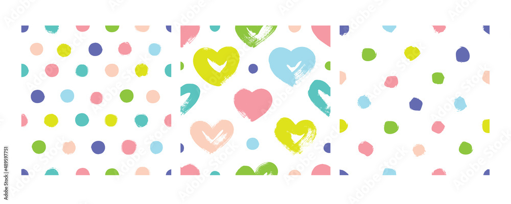 Set of seamless patterns with hearts and polka dots. Set of seamless patterns with hearts and polka dots.