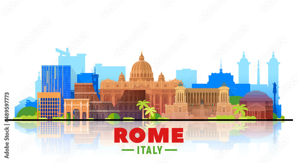 Rome ( Italy ) skyline with panorama in white background. Vector Illustration. Business travel and tourism concept with modern buildings. Image for presentation, banner, website.