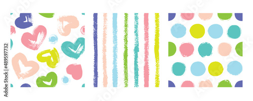 Set of 3 seamless patterns: with hearts, stripes, polka dots. 