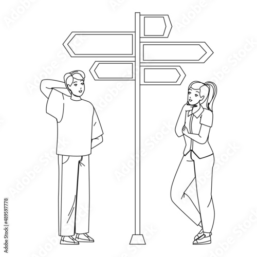 Man And Woman Couple Choosing Direction Black Line Pencil Drawing Vector. Thoughtful Boy And Girl Looking At Directional Signpost Arrows And Choose Direction. Characters Search Way Route Illustration